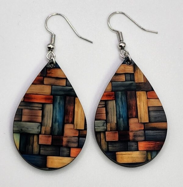 Multi-Colored Barnwood Design Double Sided Earrings Lightweight Handmade Dangle Teardrop Shaped