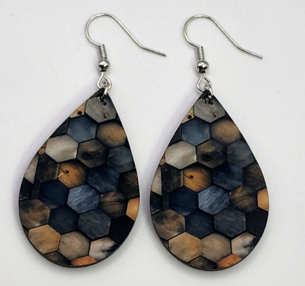 Multi-colored Wooden Earrings Double Sided Design Lightweight Handmade Dangle Teardrop Shaped