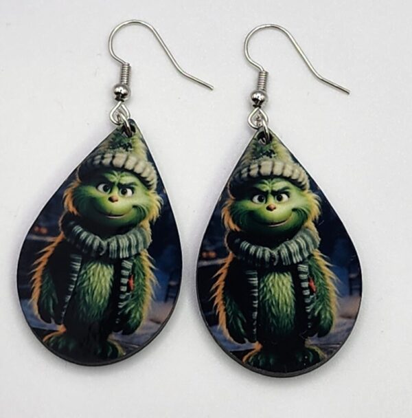 Cute Grinch Christmas Holiday Earrings Wooden Double Sided Design