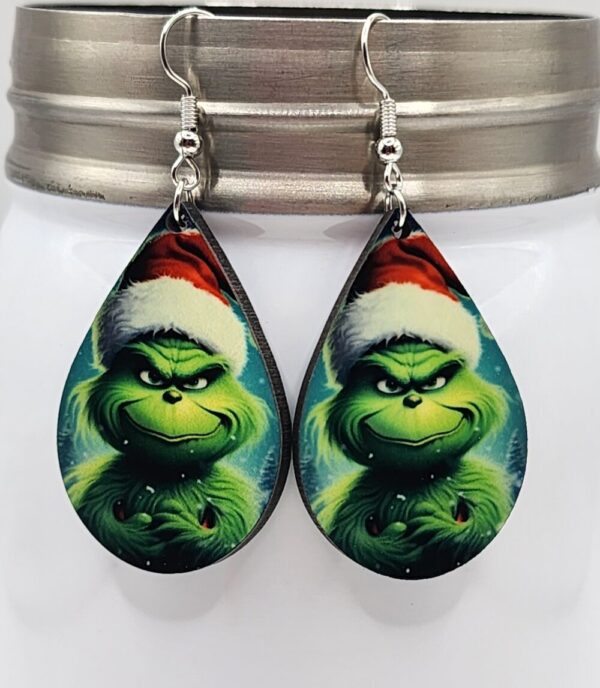 Grumpy Grinch Earrings Christmas Holiday Jewelry Handmade Double Sided Wooden