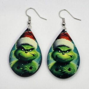 Grumpy Grinch Earrings Christmas Holiday Jewelry Handmade Double Sided Wooden