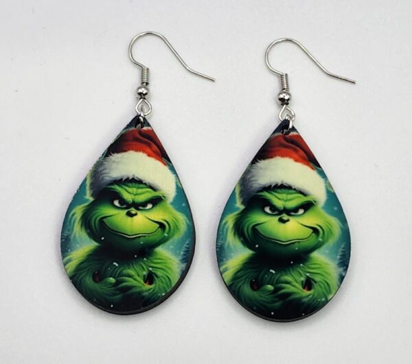 Grumpy Grinch Earrings Christmas Holiday Jewelry Handmade Double Sided Wooden