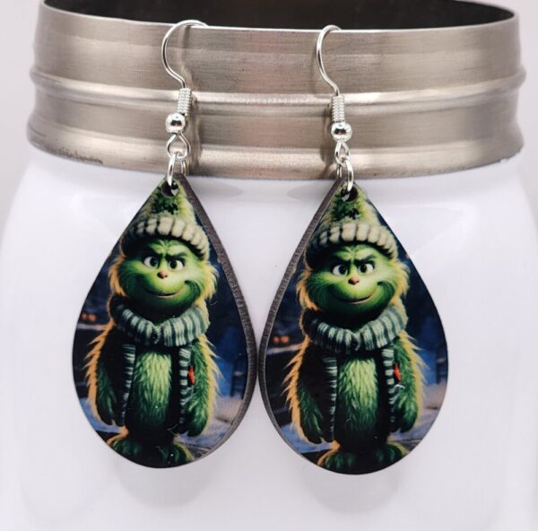 Cute Grinch Christmas Holiday Earrings Wooden Double Sided Design