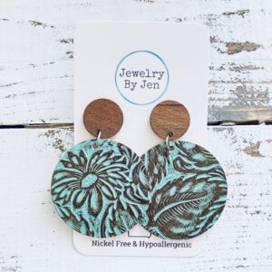 Wood Stud Earring: Turquoise & Brown Daisy Floral Tooled