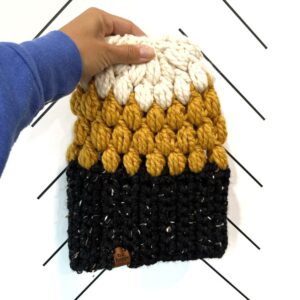 Crochet Puff Stitch Slouch Hat | Obsidian Black + Mustard Yellow + Off White