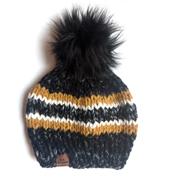 Adult Stripe Knit Pom Hat | Black + Mustard Yellow