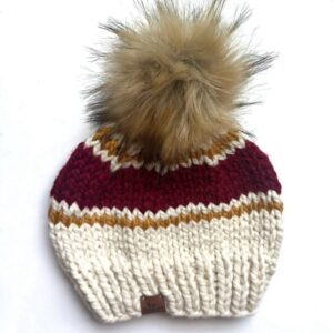 Adult Stripe Knit Pom Hat | Off White + Red + Mustard Yellow