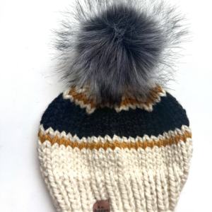 Adult Stripe Knit Pom Hat | Off White + Black + Mustard Yellow