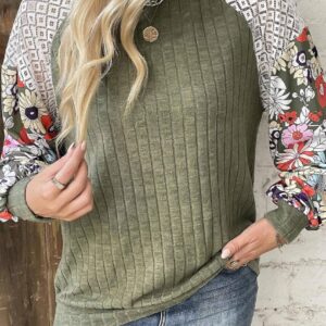 Long Sleeve Lace Floral Inset Ribbed Sweater – Green