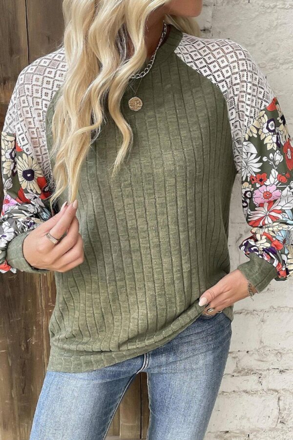 Long Sleeve Lace Floral Inset Ribbed Sweater – Green