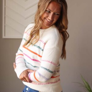 White Multicolor Striped Sweater