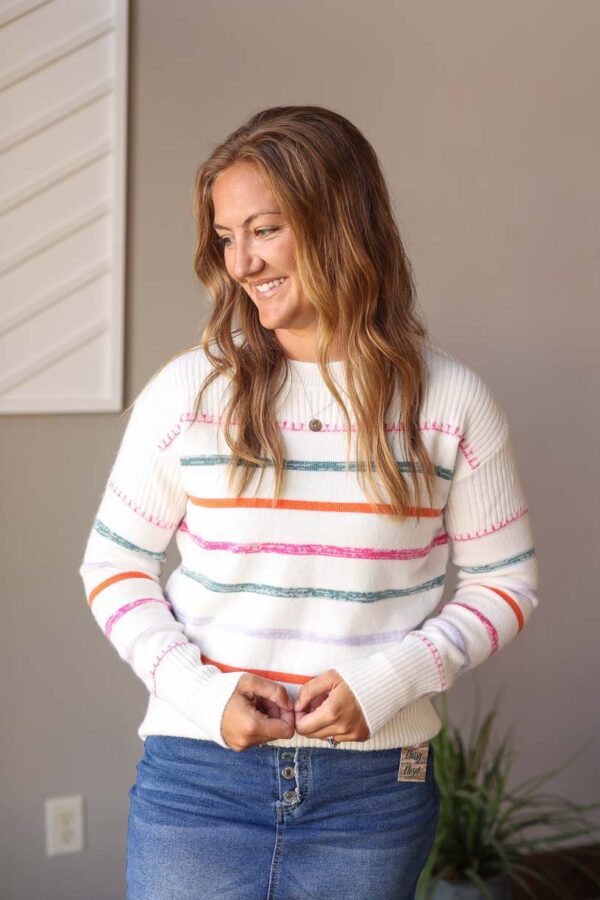 White Multicolor Striped Sweater