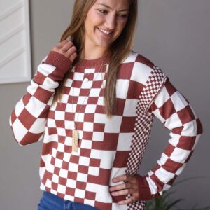 Brown Checkered Crewneck Sweater, Md, Lg