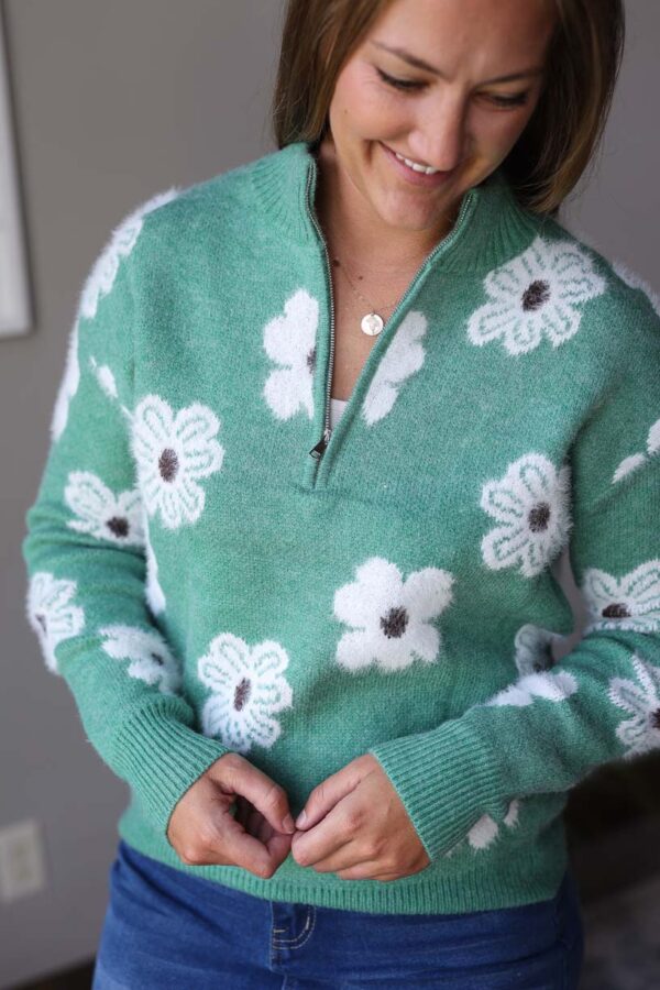 Green Floral Half Zip Sweater