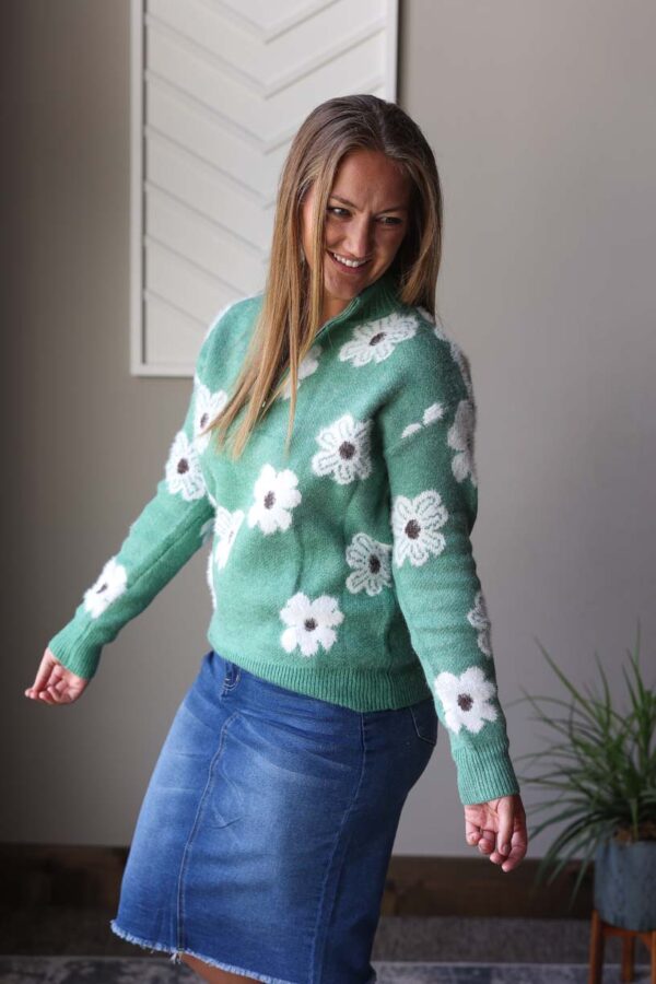 Green Floral Half Zip Sweater