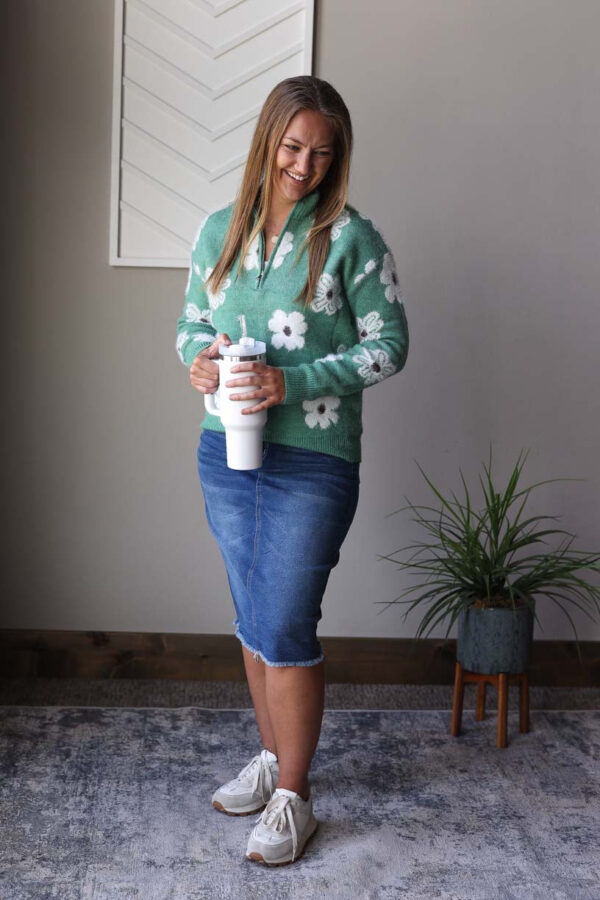 Green Floral Half Zip Sweater