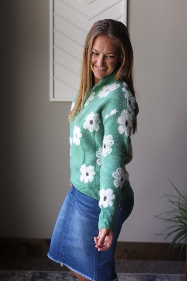 Green Floral Half Zip Sweater