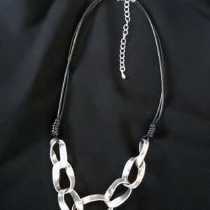 Links and Leather Necklace Black and Silver