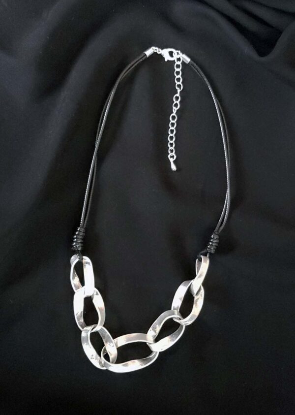 Links and Leather Necklace Black and Silver