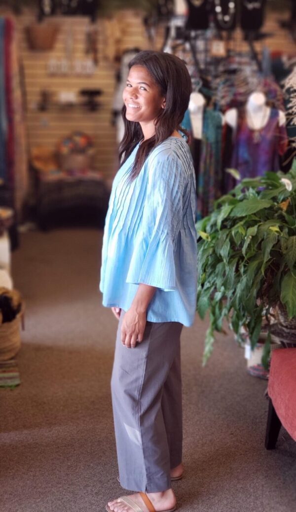 Pleated 3/4 Sleeve Top Sky Blue