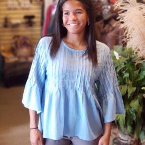 Pleated 3/4 Sleeve Top Sky Blue