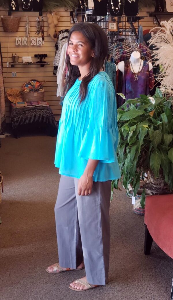 Pleated 3/4 Sleeve Top Turquoise