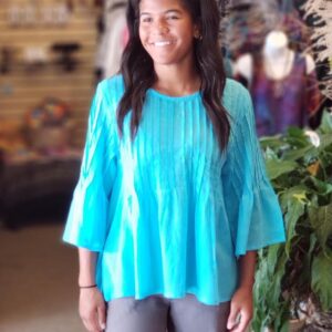 Pleated 3/4 Sleeve Top Turquoise