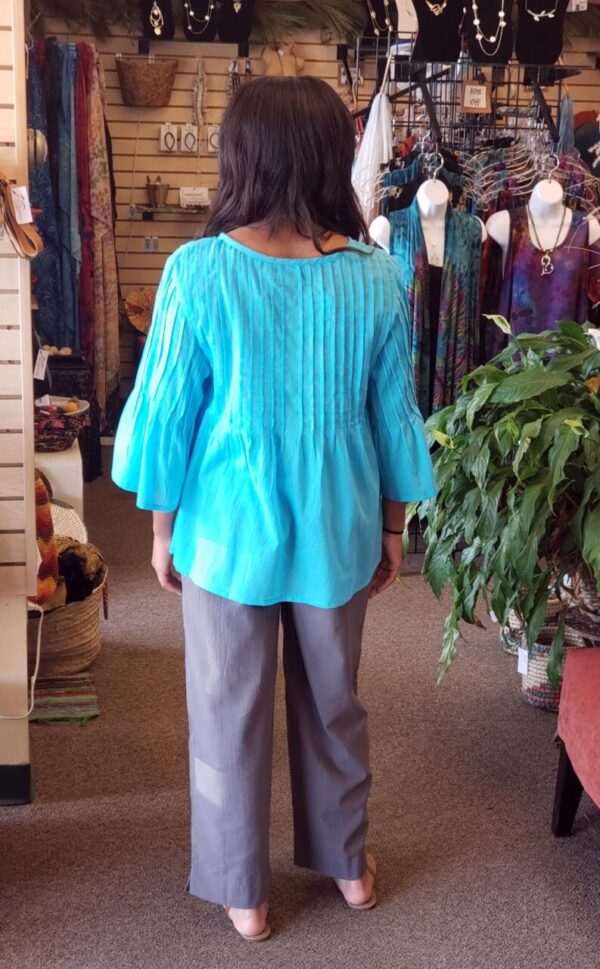 Pleated 3/4 Sleeve Top Turquoise