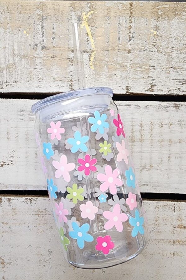 Floral Acrylic Can Cup with Lid and Straw-16 oz. GREAT FOR KIDS!