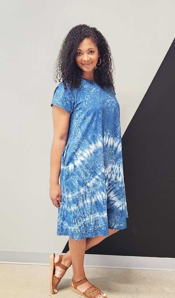 Blue Tie Dye Cap Sleeve Dress w/Pockets