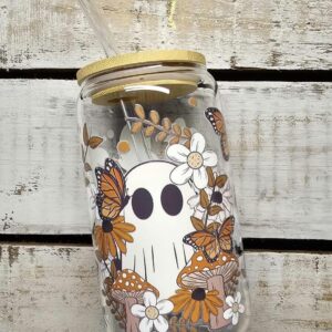 Boho Ghost Monarch Butterfly Mushroom Floral Can Cup Bamboo Lid and Glass Straw-16oz