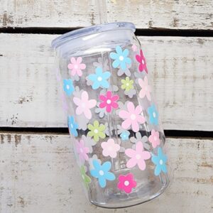 Floral Plastic Can Cup with Lid and Straw | Cute Flowers Cup for Kids