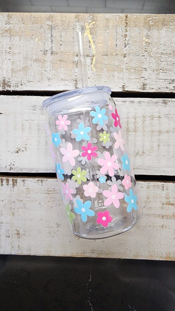 Floral Plastic Can Cup with Lid and Straw | Cute Flowers Cup for Kids