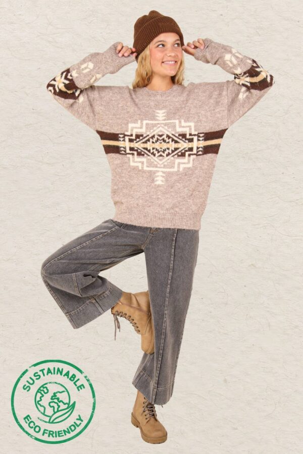 Aztec Graphic Cozy Sweater – Heathered Grey or Oatmeal Colors