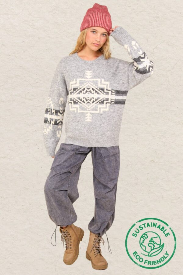 Aztec Graphic Cozy Sweater – Heathered Grey or Oatmeal Colors