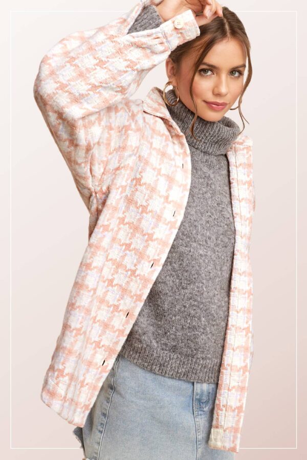 Oversized Houndstooth Patterned Soft Brushed Shacket