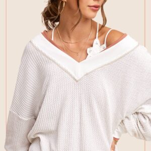 Loose Fit V-neck Waffle Textured Long Sleeve Top