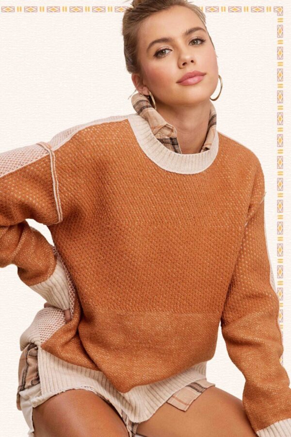 Loose Fit Color Block Textured Round Neck Sweater