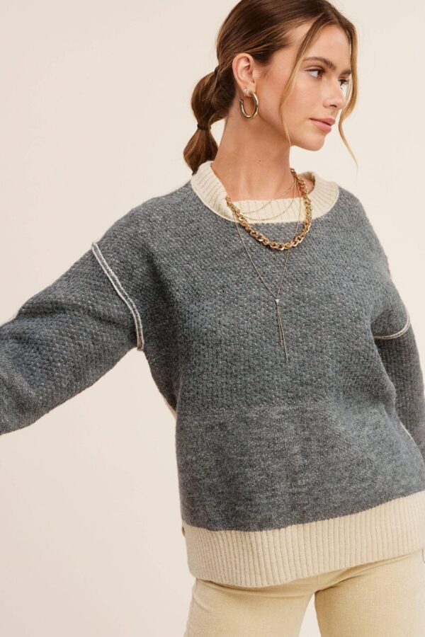 Loose Fit Color Block Textured Round Neck Sweater