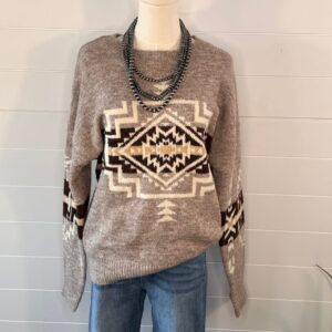 Aztec Graphic Cozy Sweater – Heathered Grey or Oatmeal Colors