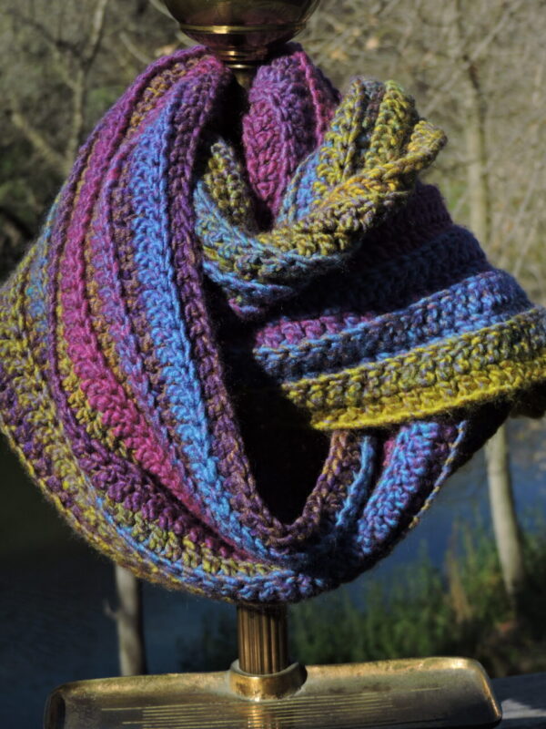 Purple Gold Blue Stripped Crocheted Scarf