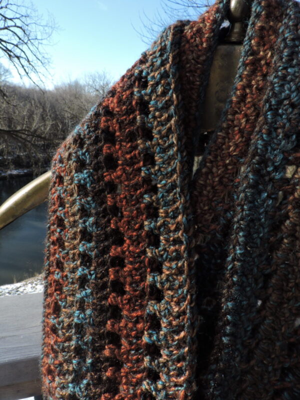 Braided Fringe Brown, Rust, Teal Tweed Crocheted Scarf