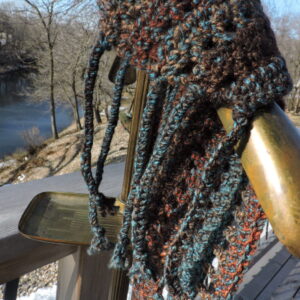 Braided Fringe Brown, Rust, Teal Tweed Crocheted Scarf