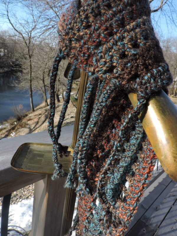 Braided Fringe Brown, Rust, Teal Tweed Crocheted Scarf