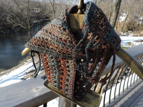 Braided Fringe Brown, Rust, Teal Tweed Crocheted Scarf