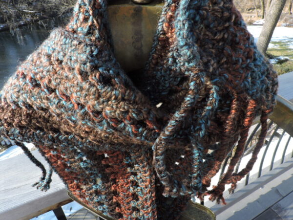 Braided Fringe Brown, Rust, Teal Tweed Crocheted Scarf