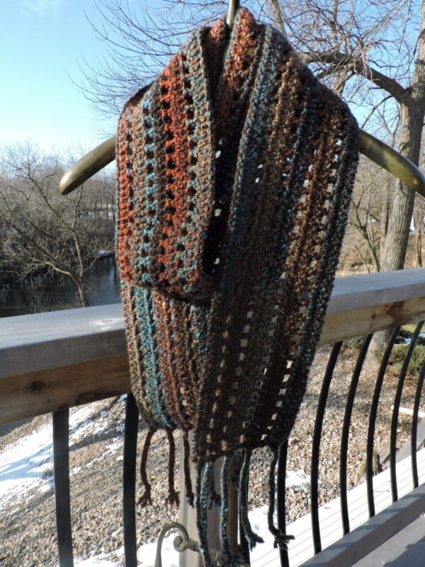 Braided Fringe Brown, Rust, Teal Tweed Crocheted Scarf