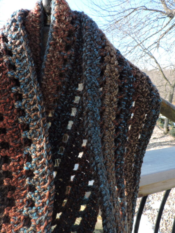 Braided Fringe Brown, Rust, Teal Tweed Crocheted Scarf