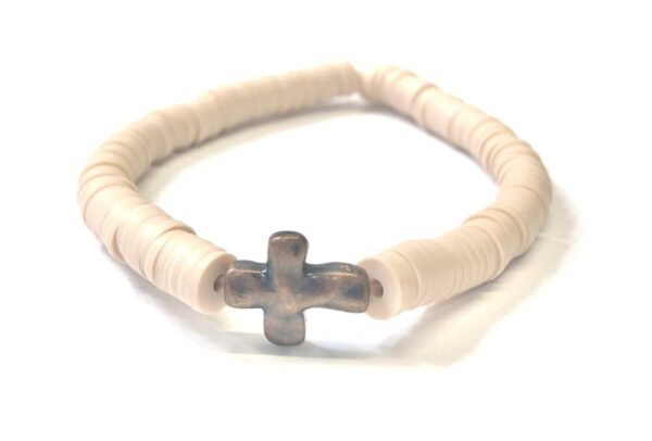 Handmade Bronze Color Cross Tan Polymer Clay Heishi Stretch Bracelet Women Gift