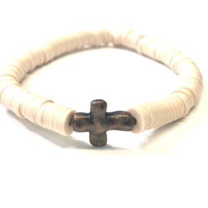 Handmade Bronze Color Cross Tan Polymer Clay Heishi Stretch Bracelet Women Gift